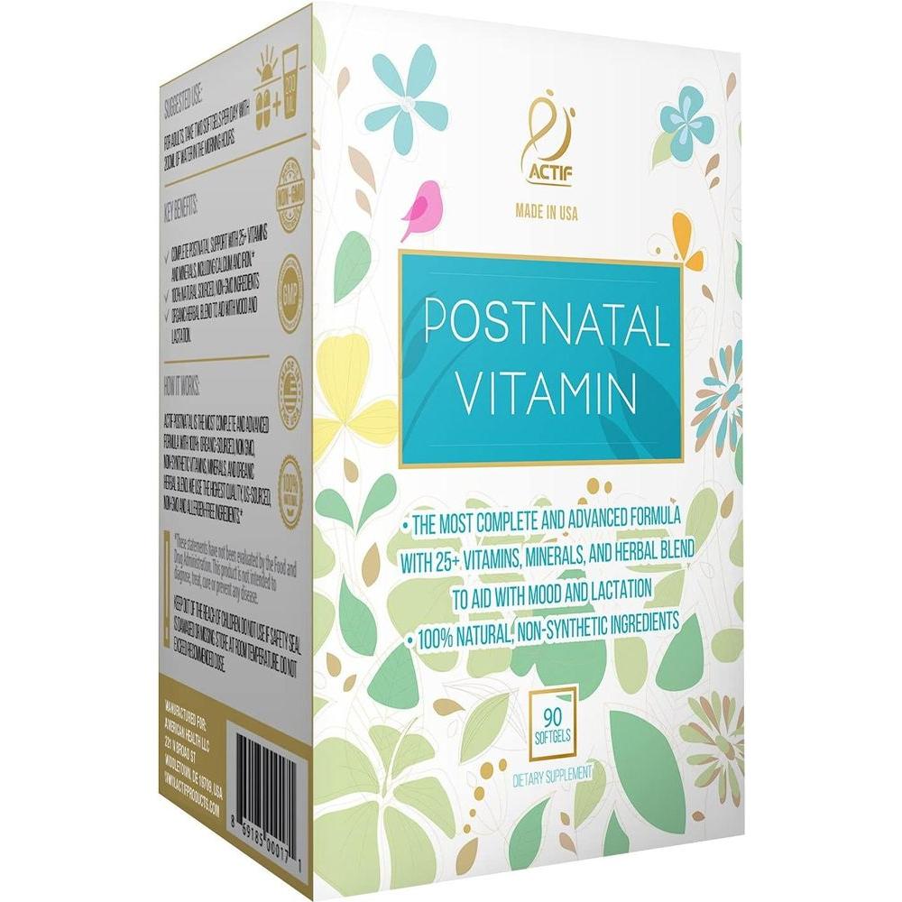 ACTIF Postnatal Vitamin with 25+ Organic Vitamins and Organic Herbs, Nursing and Lactation Supplement, Supports Baby&#39;s Brain Development, Non - GMO, Made in USA, 90 Count - Whlsome - Prenatal Vitamins