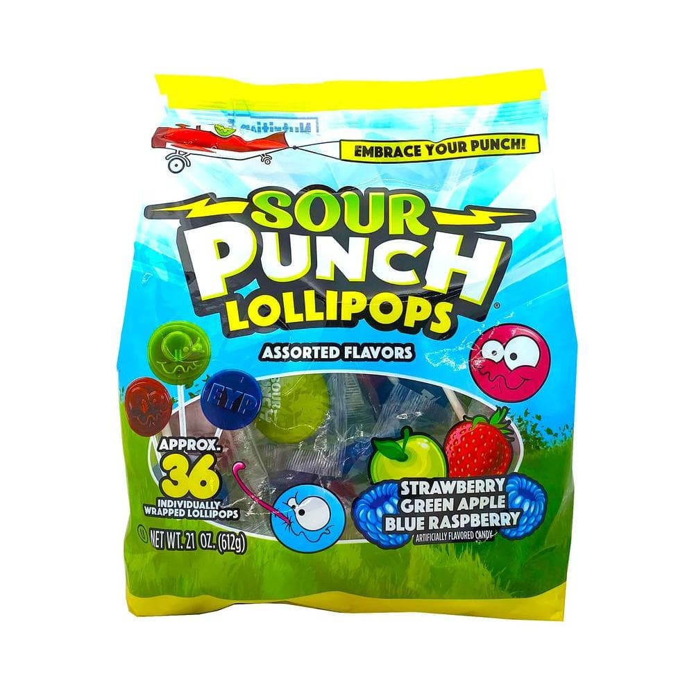 Adams Brooks Inc Sour Punch Lollipops Sour Fruit Flavors Strawberry Green Apple Blue Raspberry Sour Lollipops Sour Punch Pops Individually Wrapped 36 Count - Whlsome - Candies & Chocolates