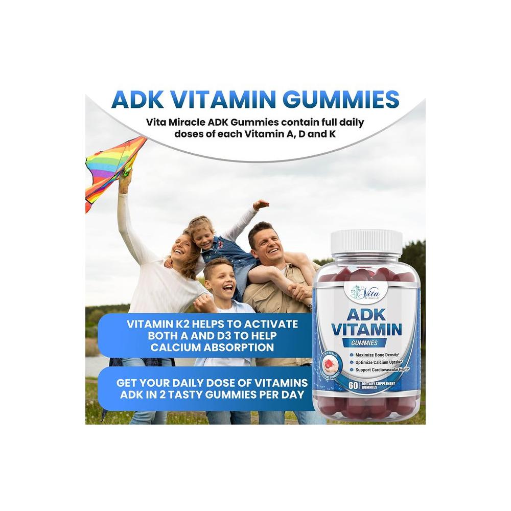 ADK Vitamin Supplement Gummies with Vitamin D 5000 IU, Vitamin A 3000 IU, Vitamin K 500mcg, Vitamin D K Supports Bone Strength ADK 5 Heart Health K2 D3 Boost Immune System & ADK2 Calcium Absorption - Whlsome - Vitamins & Supplements