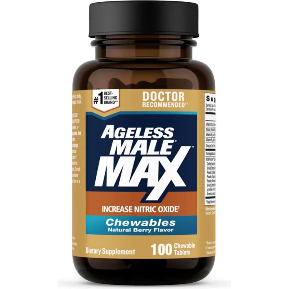 Ageless Male Max Chewable Nitric Oxide Booster Supplement for Men - High Potency Ashwagandha Extract to Boost Workouts, Muscle & Performance, Reduce Stress, Support Sleep (100 Chews, 1 - Bottle) - Whlsome - Nitric Oxide Booster