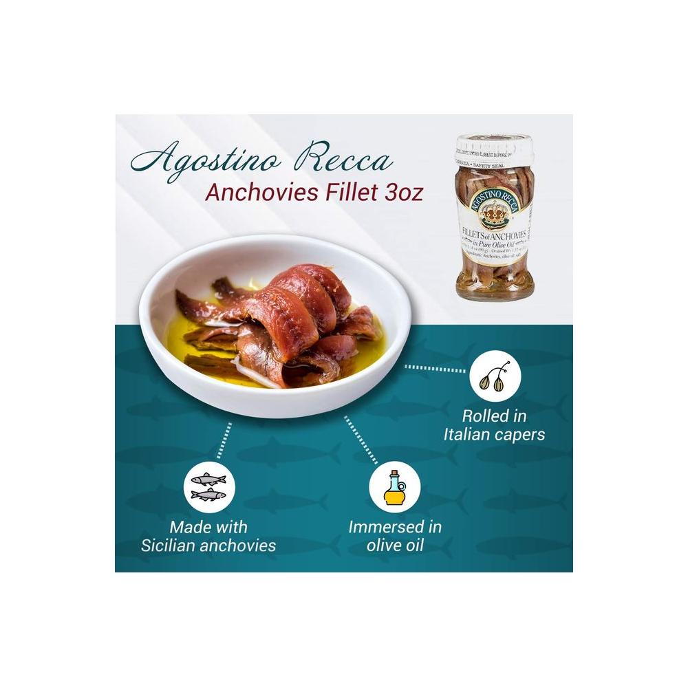 Agostino Recca Anchovies Fillets in Olive Oil Anchovy Fillets Rolled in Capers 318Oz 3Pack - Whlsome - Olive Oil