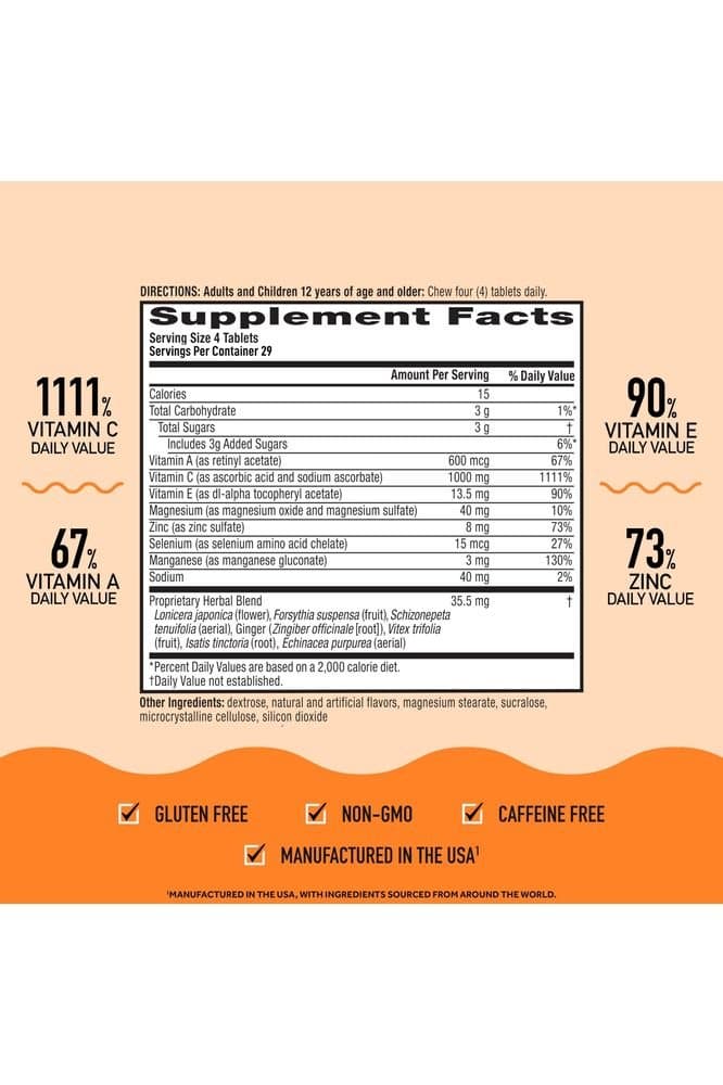 Airborne 1000mg Vitamin C Chewable Tablets with Zinc, Immune Support Supplement with Powerful Antioxidants Vitamins A C &amp; E - (116 count bottle), Citrus Flavor, Gluten - Free - Whlsome - Vitamins &amp; Supplements