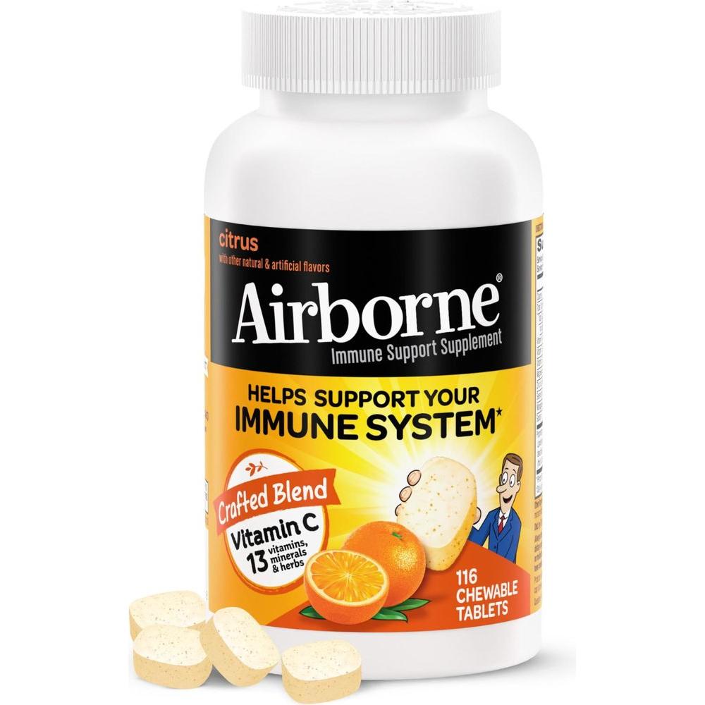 Airborne 1000mg Vitamin C Chewable Tablets with Zinc, Immune Support Supplement with Powerful Antioxidants Vitamins A C & E - (116 count bottle), Citrus Flavor, Gluten - Free - Whlsome - Vitamins & Supplements