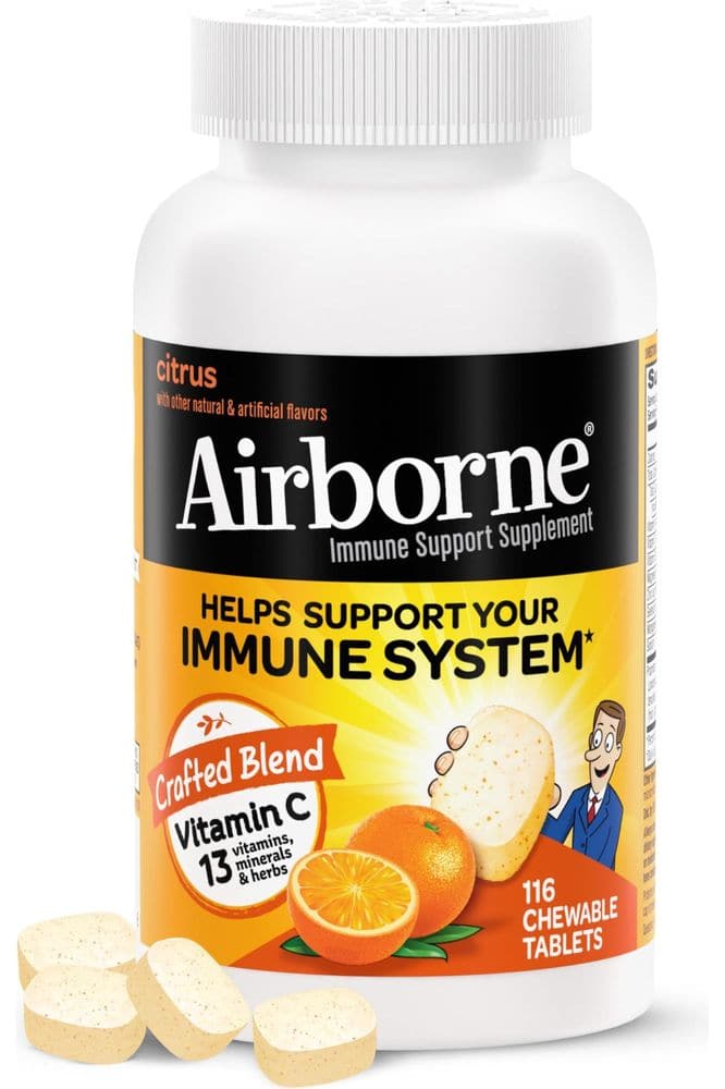 Airborne 1000mg Vitamin C Chewable Tablets with Zinc, Immune Support Supplement with Powerful Antioxidants Vitamins A C & E - (116 count bottle), Citrus Flavor, Gluten - Free - Whlsome - Vitamins & Supplements