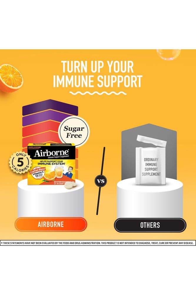 Airborne 1000mg Vitamin C with Zinc, SUGAR FREE Effervescent Tablets, Immune Support Supplement with Powerful Antioxidants Vitamins A C & E - 30 Fizzy Drink Tablets, Zesty Orange Flavor - Whlsome - Vitamins & Supplements