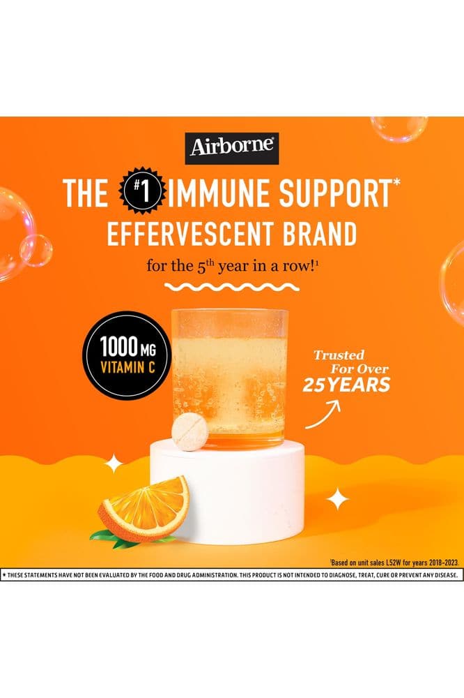 Airborne 1000mg Vitamin C with Zinc, SUGAR FREE Effervescent Tablets, Immune Support Supplement with Powerful Antioxidants Vitamins A C & E - 30 Fizzy Drink Tablets, Zesty Orange Flavor - Whlsome - Vitamins & Supplements