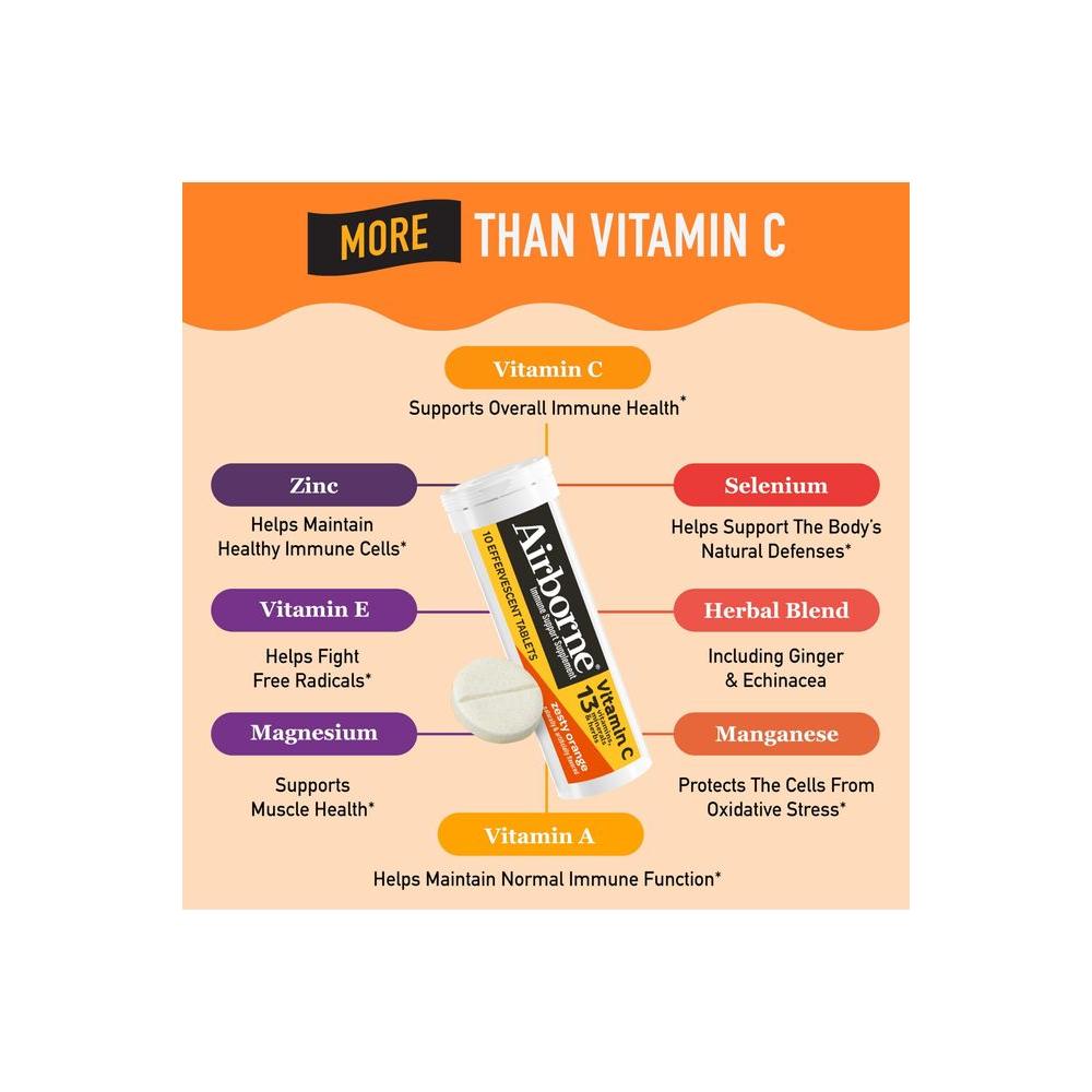 Airborne 1000mg Vitamin C with Zinc, SUGAR FREE Effervescent Tablets, Immune Support Supplement with Powerful Antioxidants Vitamins A C &amp; E - 30 Fizzy Drink Tablets, Zesty Orange Flavor - Whlsome - Vitamins &amp; Supplements