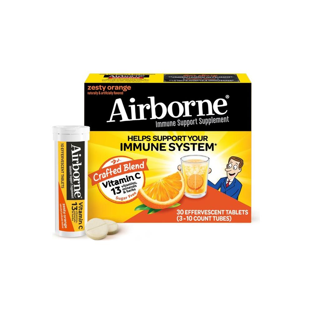 Airborne 1000mg Vitamin C with Zinc, SUGAR FREE Effervescent Tablets, Immune Support Supplement with Powerful Antioxidants Vitamins A C & E - 30 Fizzy Drink Tablets, Zesty Orange Flavor - Whlsome - Vitamins & Supplements