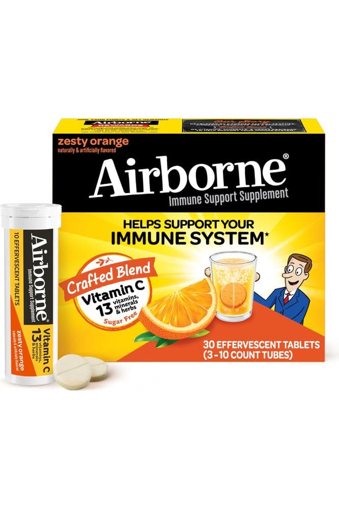 Airborne 1000mg Vitamin C with Zinc, SUGAR FREE Effervescent Tablets, Immune Support Supplement with Powerful Antioxidants Vitamins A C & E - 30 Fizzy Drink Tablets, Zesty Orange Flavor - Whlsome - Vitamins & Supplements