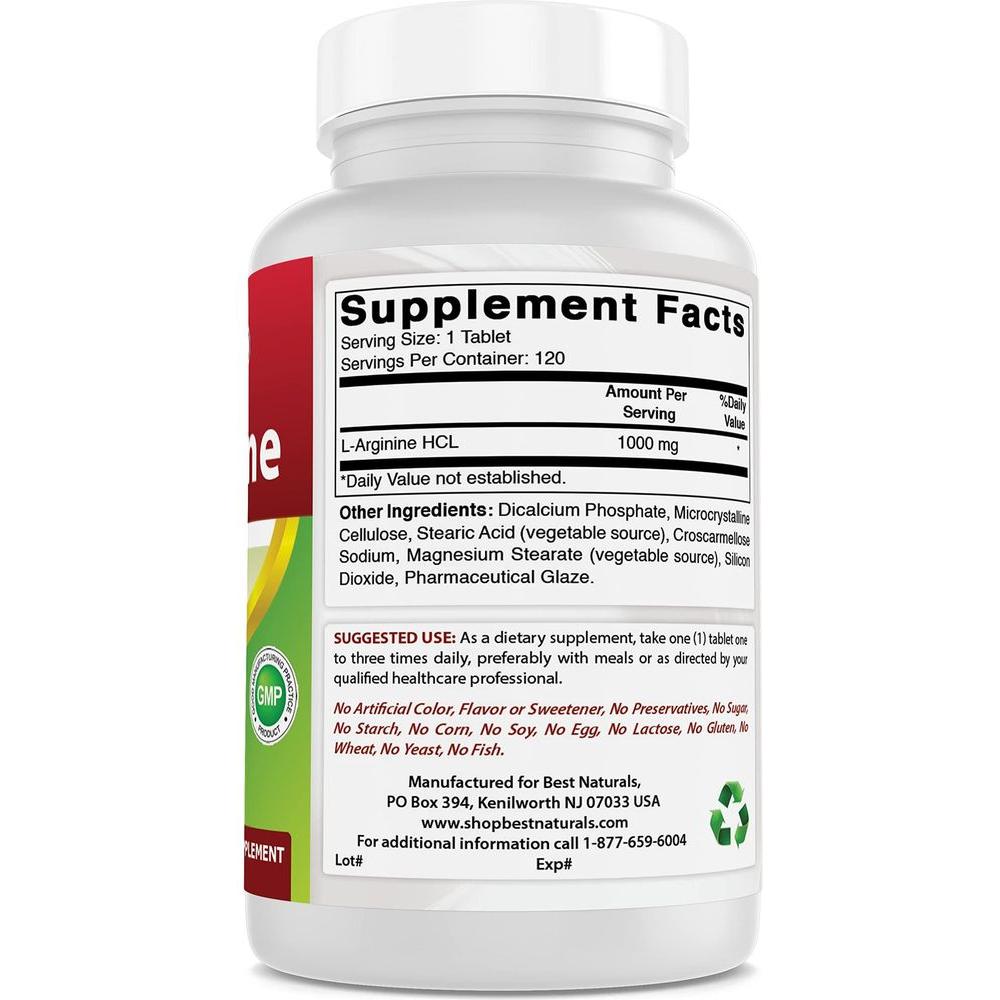 (New Improved Formula) Best Naturals L - Arginine 1000 mg 120 Tablets - Pharmaceutical Grade L Arginine Supplement Promotes Nitric Oxide Synthesis - Whlsome - L Arginine