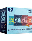 LOVE CORN Fab Four - Sea Salt, BBQ, Salt & Vinegar, Hot Spicy 0.7oz x 20 Delicious Crunchy Corn Healthy Family Snacks Gluten Free, Kosher, NON-GMO Alternative for Chips, Nuts, Crackers Pretzels