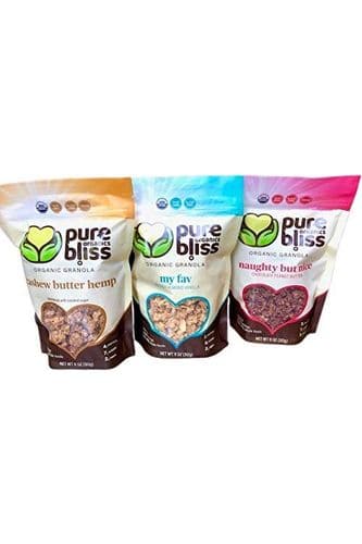 Pure Bliss Organic Granola Variety Pack, Gluten Free, Best Tasting, Non-GMO, Healthy Snack, Simple Real Food Ingredients, Includes One Of Each: Cashew Butter Hemp, French Almond Vanilla, Chocolate Peanut Butter (3 x 11 oz Pouches)