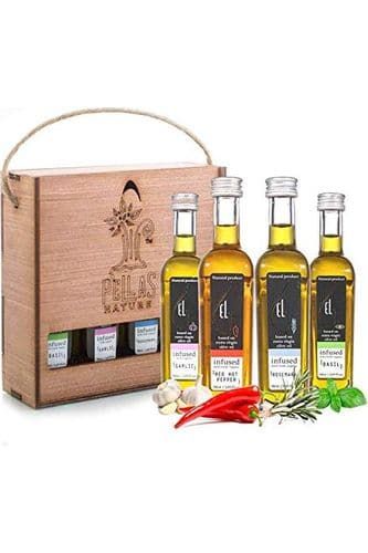 Pellas Nature, Organic Herbs Infused Greek Extra Virgin Olive Oil Set, Finishing Oil Flavors Basil, Garlic, Red Pepper, Rosemary, Wooden Combo Set, No-Additives, Kosher, 4 X 50 ml (1.7 oz.) Bottles, Pack of 1