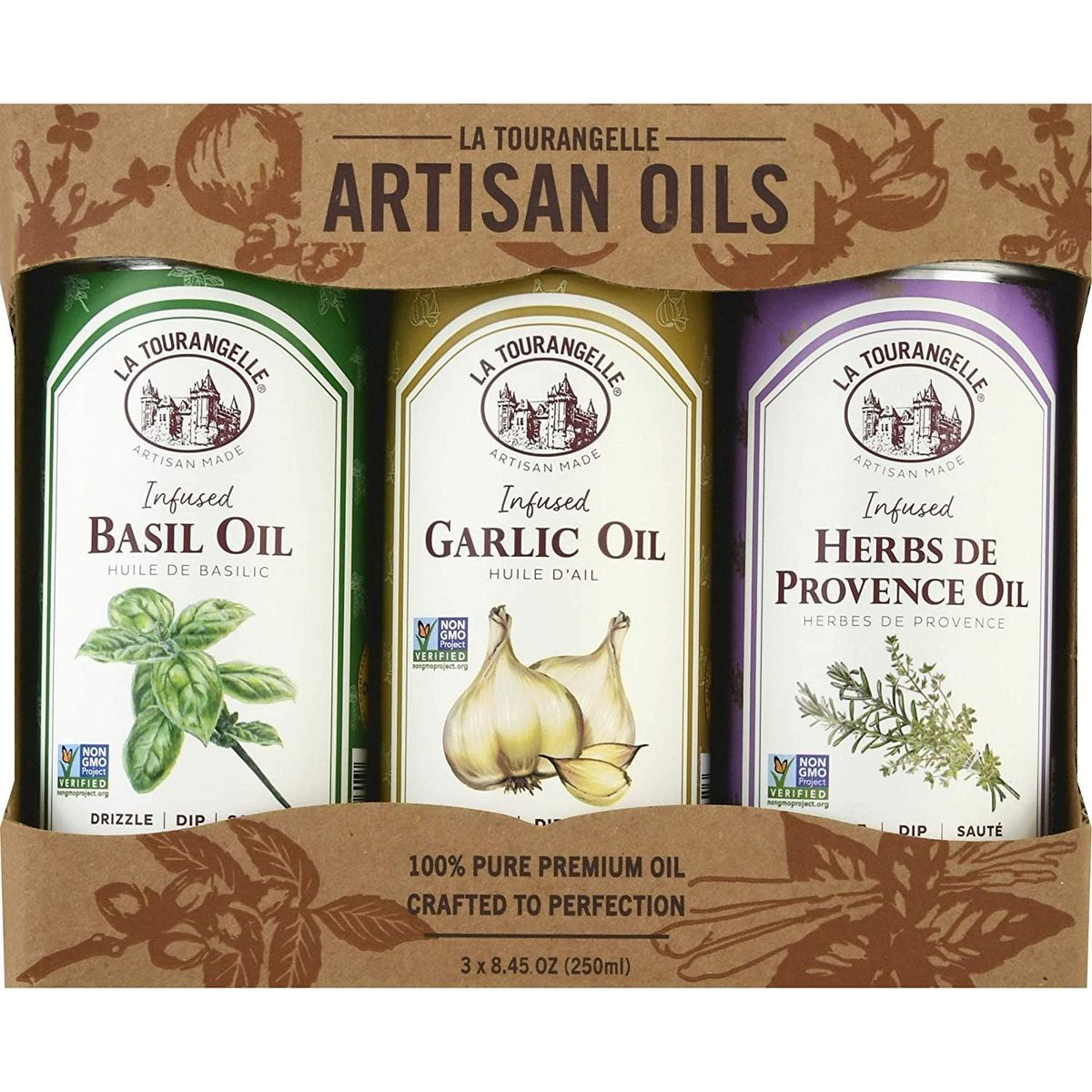 La Tourangelle Infused Trio of Oils - Infused Herbs de Provence Oil, Infused Garlic Oil, Infused Basil Oil Gift Set, 8.45 fl oz (Set of 3)