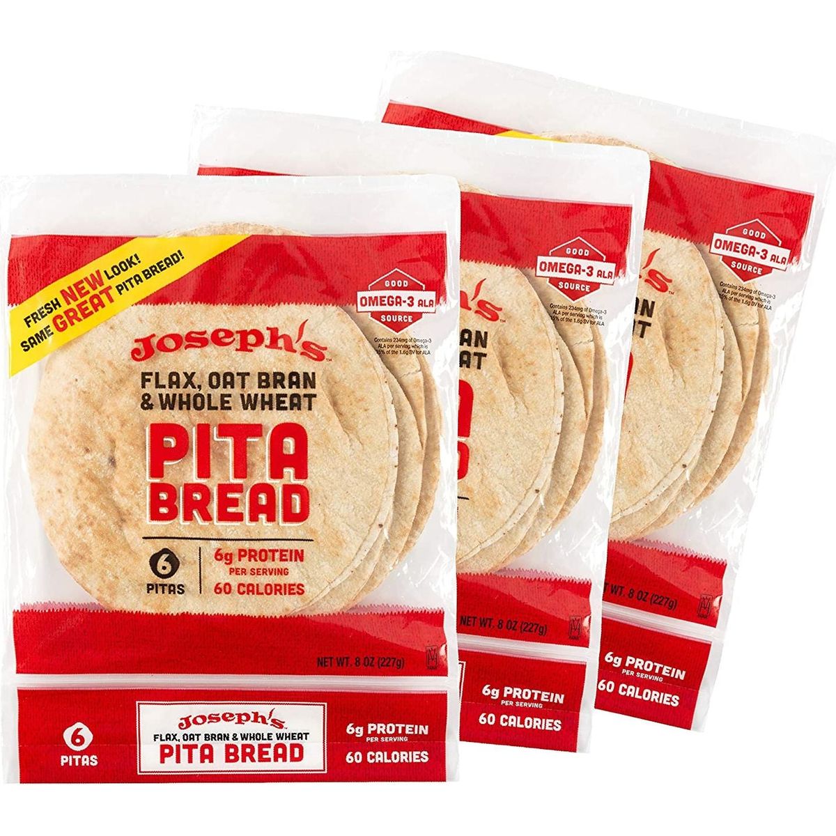 Flax Pita 3 Pack - Joseph&#39;s Pita Bread Value 3-Pack, Flax Oat Bran and Whole Wheat, 7g Carbs per Serving, Fresh Baked (6 per Pack, 18 Pitas Total)